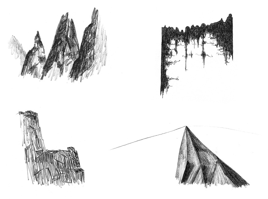 <b>Mountain 1, 2, 3, 5</b>, 2011, graphite on paper